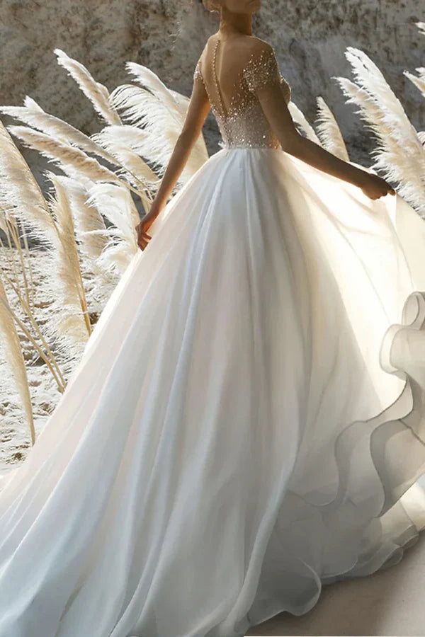 Luolandi A Line Beach Formal Short Sleeves Beading Wedding Dress Off Shoulder Sparkly