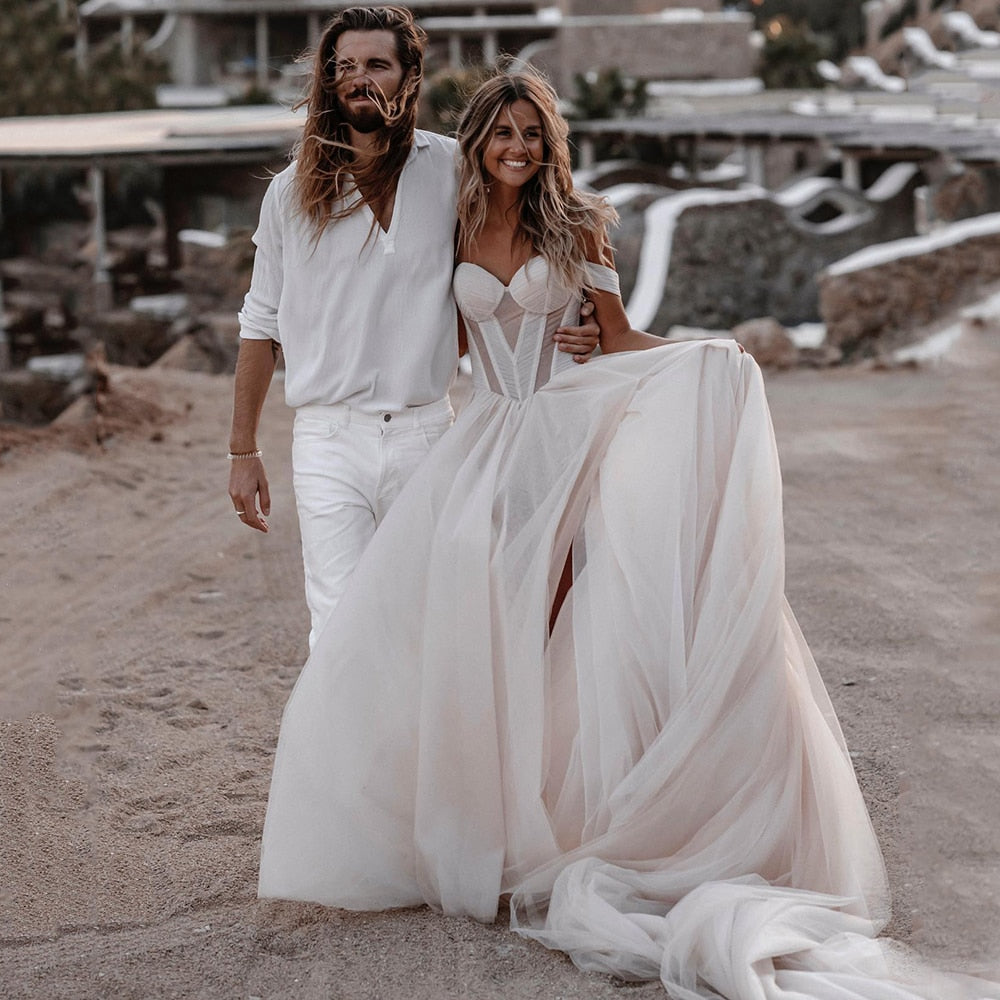 Luolandi Off Shoulders Sweetheart Wedding Dresses A Line Tulle With Puff Sleeves Sexy