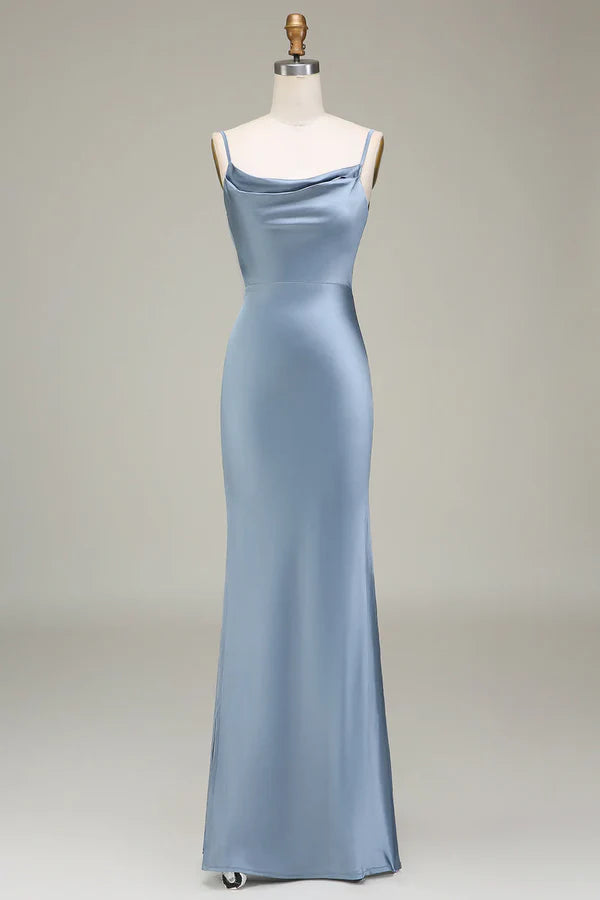 Luolandi Grey blue tight fitting thin shoulder strap satin long bridesmaid dress Party Dress