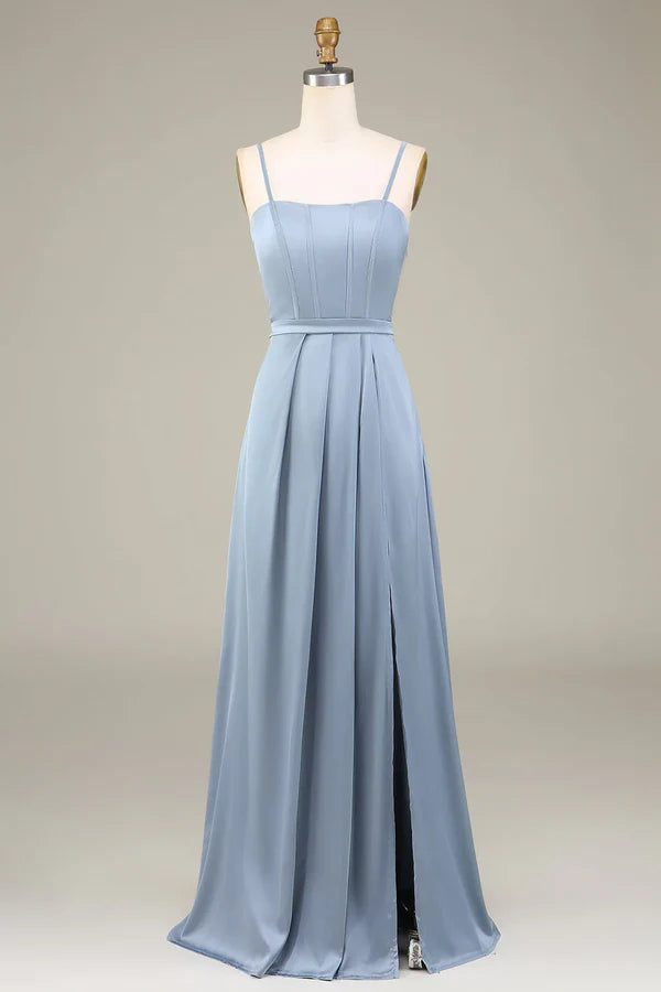 Luolandi Grey blue A-line thin shoulder strap satin long bridesmaid dress With Slit
