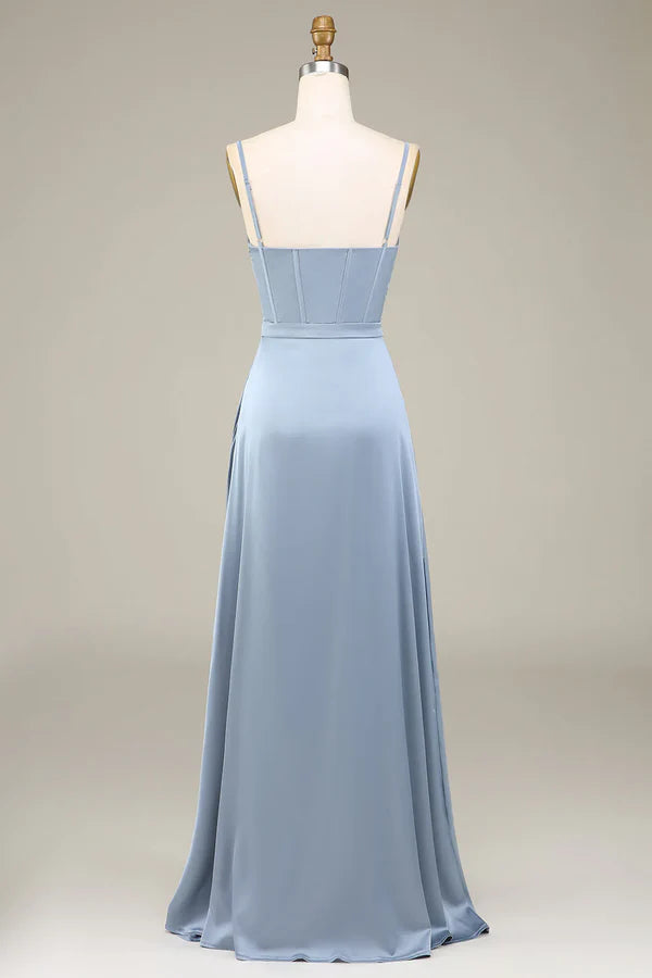 Luolandi Grey blue A-line thin shoulder strap satin long bridesmaid dress With Slit