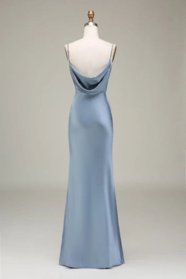 Luolandi Grey blue tight fitting thin shoulder strap satin long bridesmaid dress Party Dress