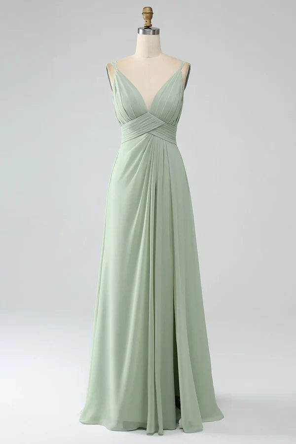 Luolandi Dusty Sage A-line thin shoulder pleated chiffon long bridesmaid dress With Slit