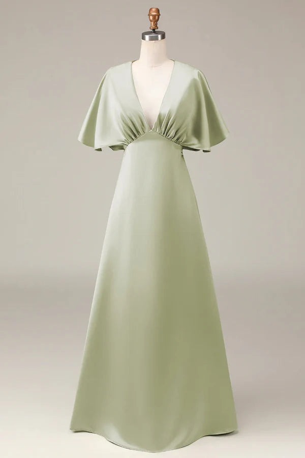 Luolandi Dusty Sage V-neck short sleeved A-line satin bridesmaid dress Floor Length
