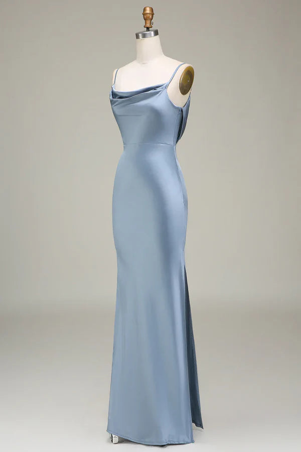 Luolandi Grey blue tight fitting thin shoulder strap satin long bridesmaid dress Party Dress