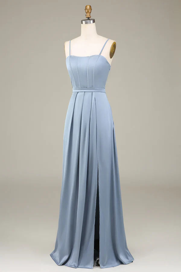Luolandi Grey blue A-line thin shoulder strap satin long bridesmaid dress With Slit