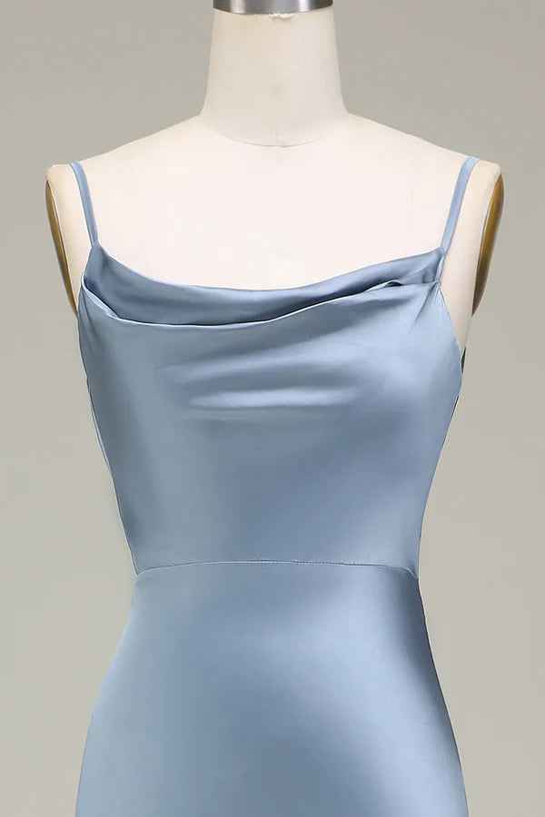 Luolandi Grey blue tight fitting thin shoulder strap satin long bridesmaid dress Party Dress