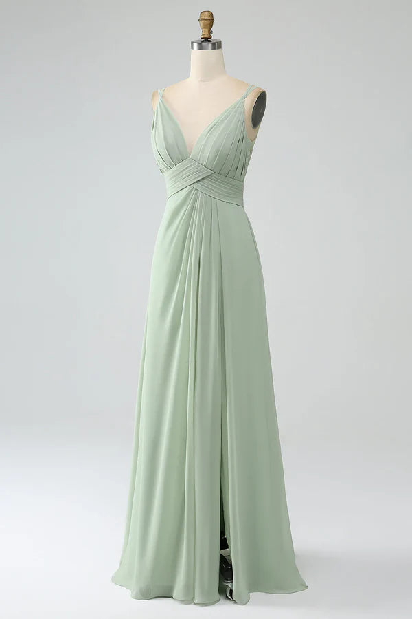 Luolandi Dusty Sage A-line thin shoulder pleated chiffon long bridesmaid dress With Slit