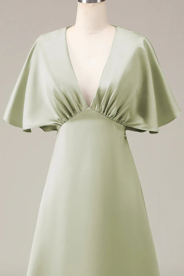 Luolandi Dusty Sage V-neck short sleeved A-line satin bridesmaid dress Floor Length