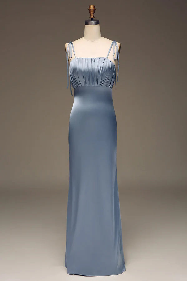 Luolandi Grey blue slim shoulder strap tight satin pleated bridesmaid dress Floor Length