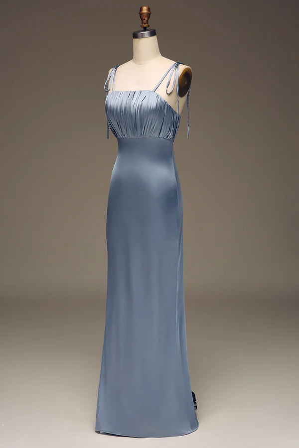 Luolandi Grey blue slim shoulder strap tight satin pleated bridesmaid dress Floor Length