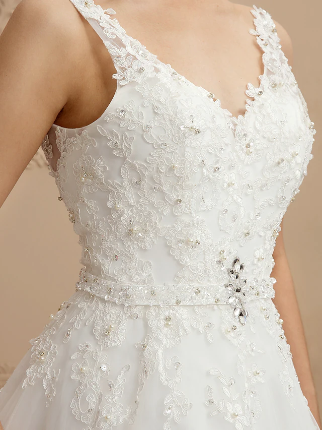 Luolandi Ball Gown Wedding Dresses V Neck Court Train Tulle Beaded Lace Lace Over Tulle Spaghetti Strap Glamorous Illusion Detail Backless with Beading