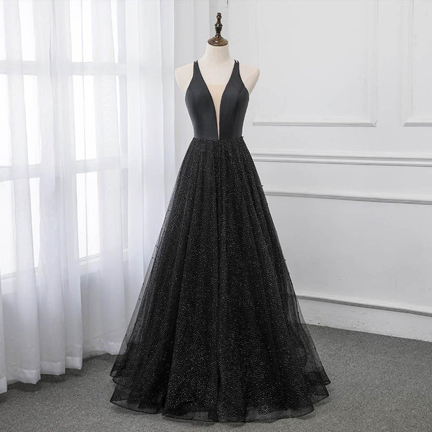 Luolandi Black V-neckline Tulle and Satin Long Straps Cross Back Prom Dress Floor Length Evening Dress Sexy