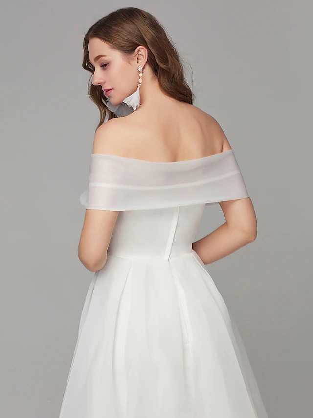 Luolandi A-Line Elegant Engagement Cocktail Party Dress Off Shoulder Sleeveless Tea Length Organza with Criss Cross