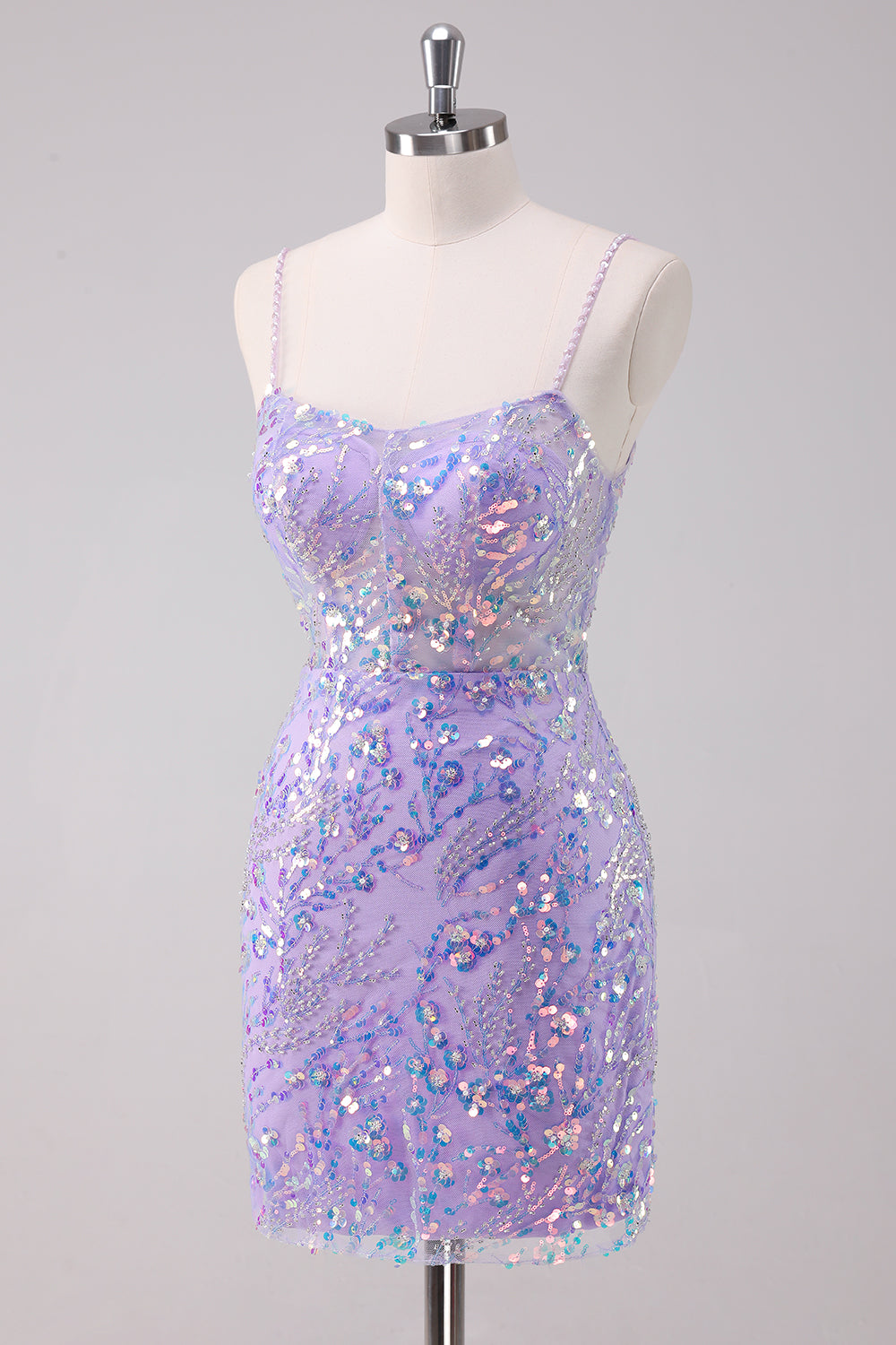 Luolandi Sparkly Purple Bodycon Spaghetti Straps Short Homecoming Dress with Sequins Party Dress