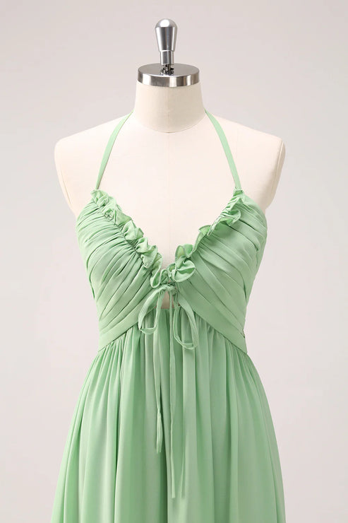 Luolandi Light Green A Line Halter Backless Lace Up Long Bridesmaid Dress Party Dress