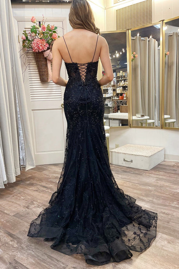 Luolandi Black Appliques Plunge V Lace-Up Trumpet Prom Gown Sexy Evening Dress