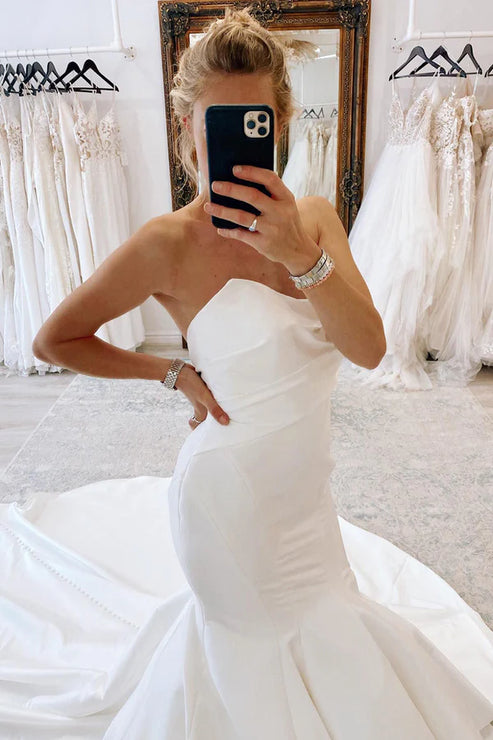 Luolandi Strapless Satin Long Mermaid Wedding Dress Off Shoulder Sexy