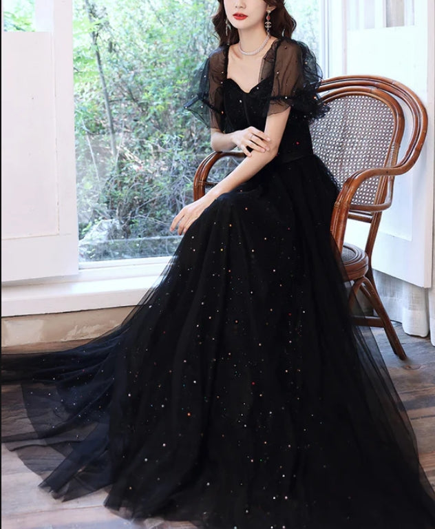 Luolandi Black Off Shoulder Tulle Long Party Dress A-line Long Prom Dress Short Sleeves Elegant Evening Dress