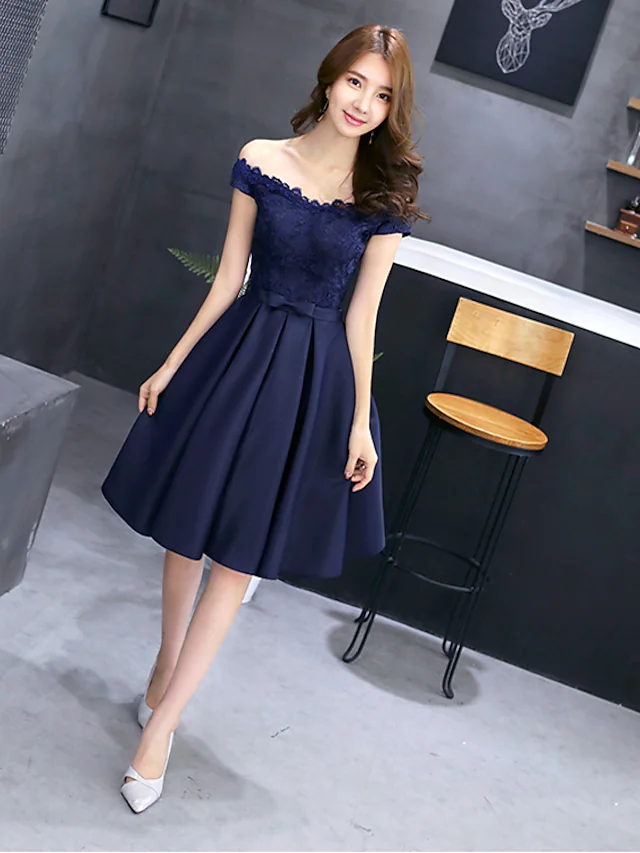 Luolandi A-Line Elegant Floral Cocktail Party Prom Dress Off Shoulder Sleeveless Short Mini Lace