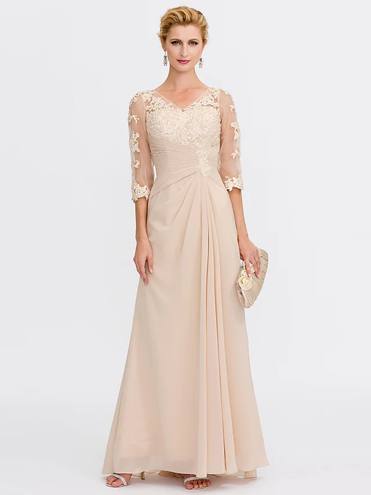 Mother of the Bride Dress Elegant See Through V Neck Floor Length Chiffon Sheer Lace Half Sleeve