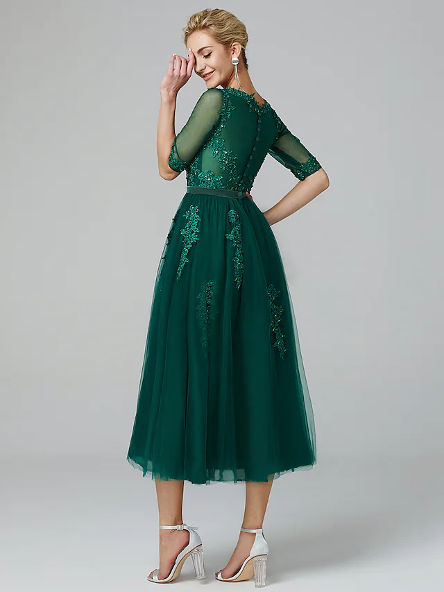 Luolandi A-Line Sparkle Wedding Guest Formal Evening Dress Illusion Neck Sleeveless Tea Length Lace Over Tulle with Sequin