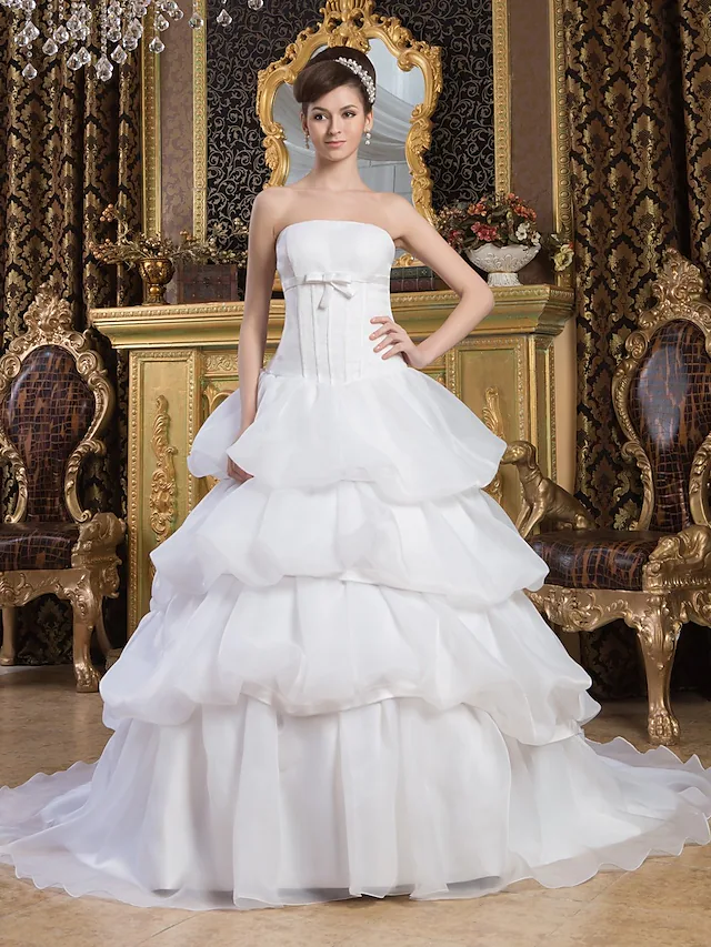 Luolandi Ball Gown Wedding Dresses Strapless Court Train Organza Satin Strapless with Pick Up Skirt