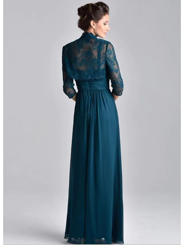 Luolandi Two Piece A-Line Mother of the Bride Dress Elegant Spaghetti Strap Floor Length Chiffon Lace 3/4 Length Sleeve