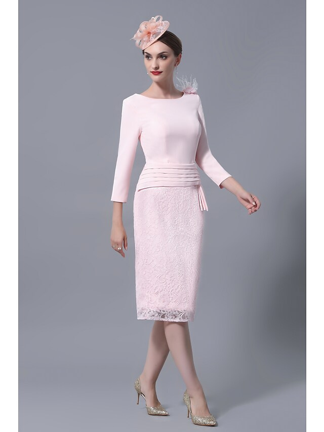 Luolandi Mother of the Bride Dress Plus Size Elegant Vintage Jewel Neck Knee Length Lace 3/4 Length Sleeve with Lace Ruffles