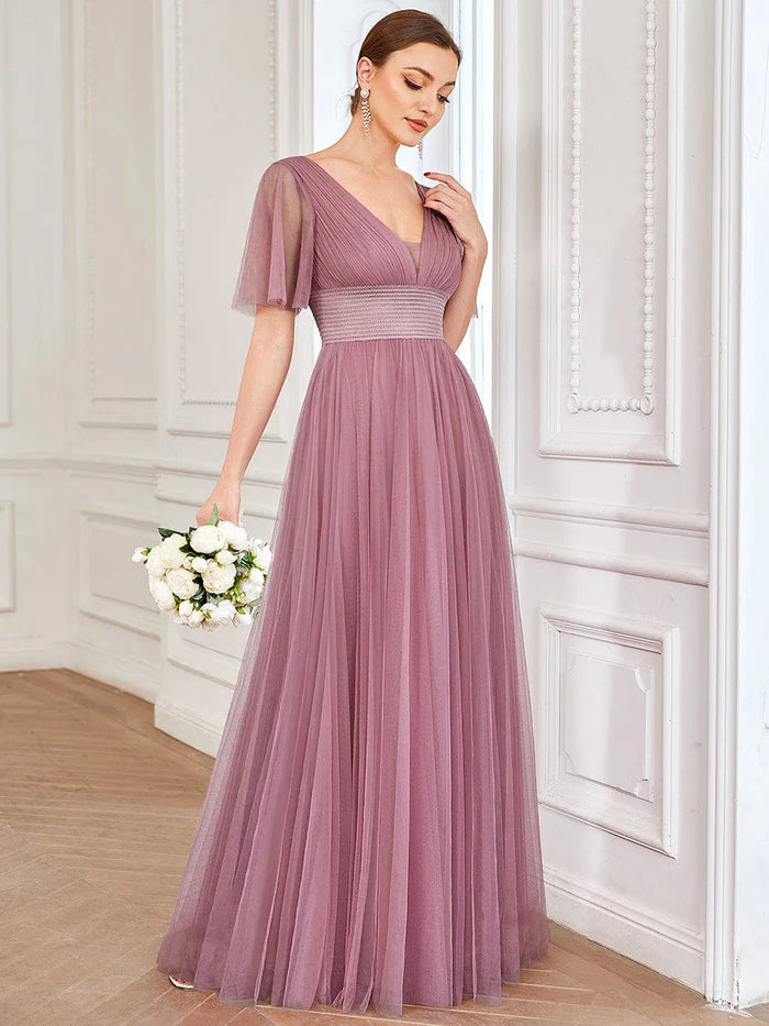 Luolandi A-Line Bridesmaid Dress V Neck Short Sleeve Plus Size Floor Length Tulle with Ruffles / Draping