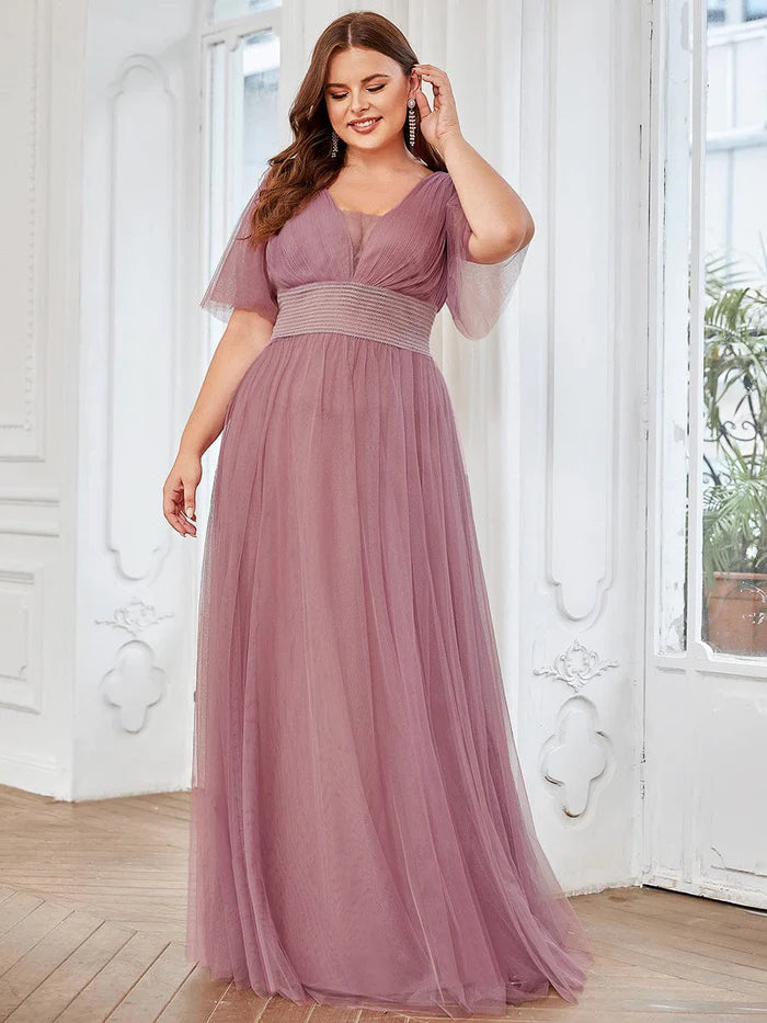 Luolandi A-Line Bridesmaid Dress V Neck Short Sleeve Plus Size Floor Length Tulle with Ruffles / Draping