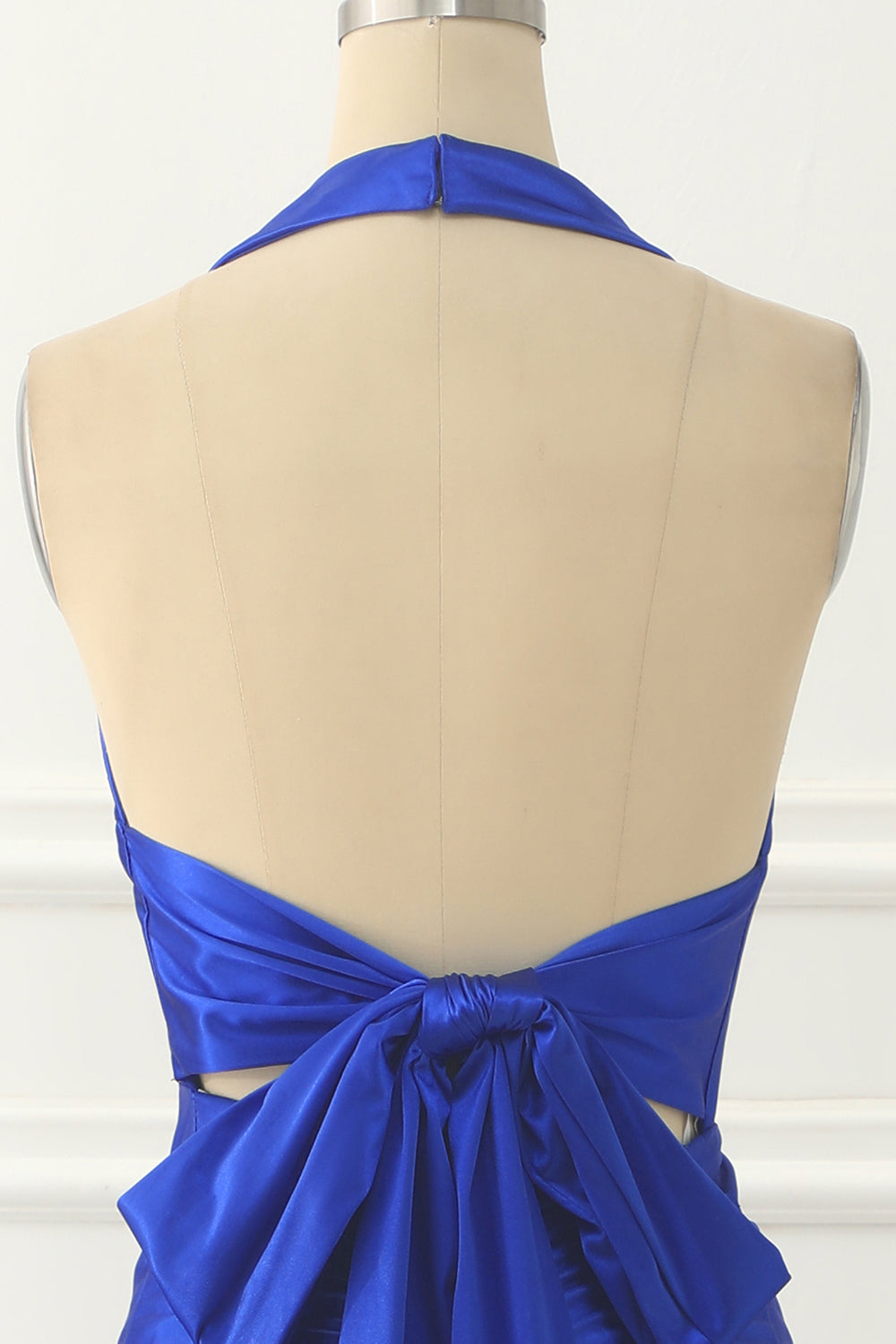 Luolandi Royal Blue Halter Satin Prom Dress With Bow V-neck Long Bridesmaid Dress Party Dress