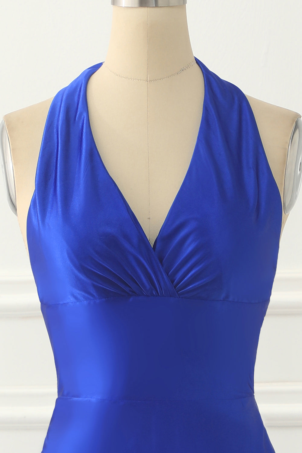 Luolandi Royal Blue Halter Satin Prom Dress With Bow V-neck Long Bridesmaid Dress Party Dress