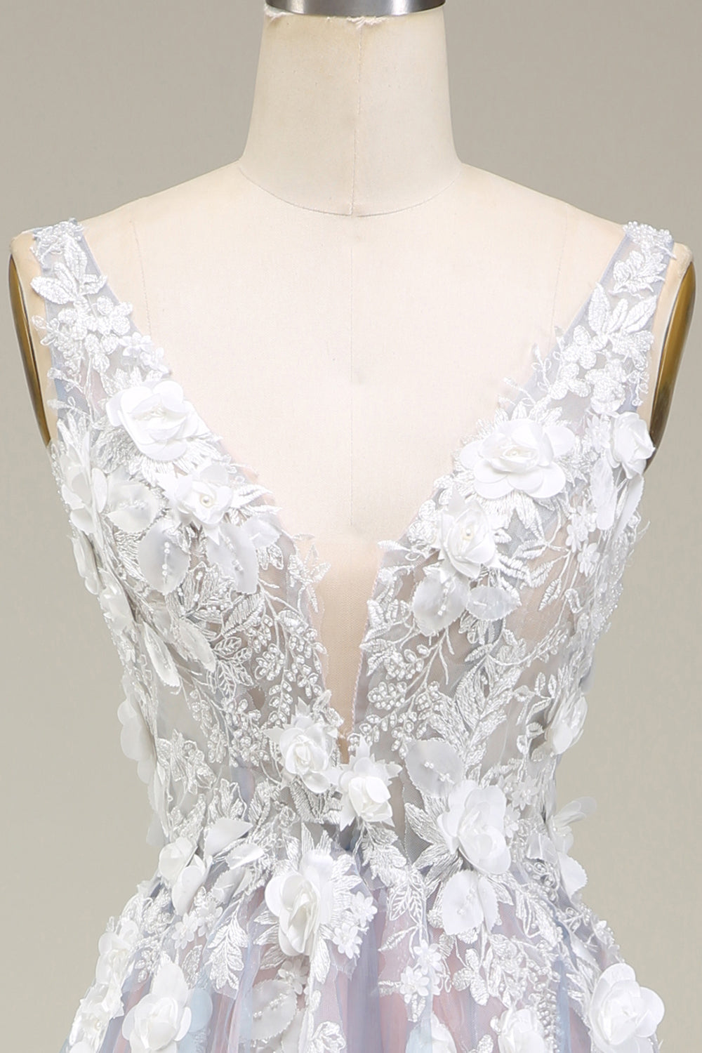 Luolandi Gorgeous Grey Pink A Line Deep V Neck Long Prom Dress With Appliques And Slit