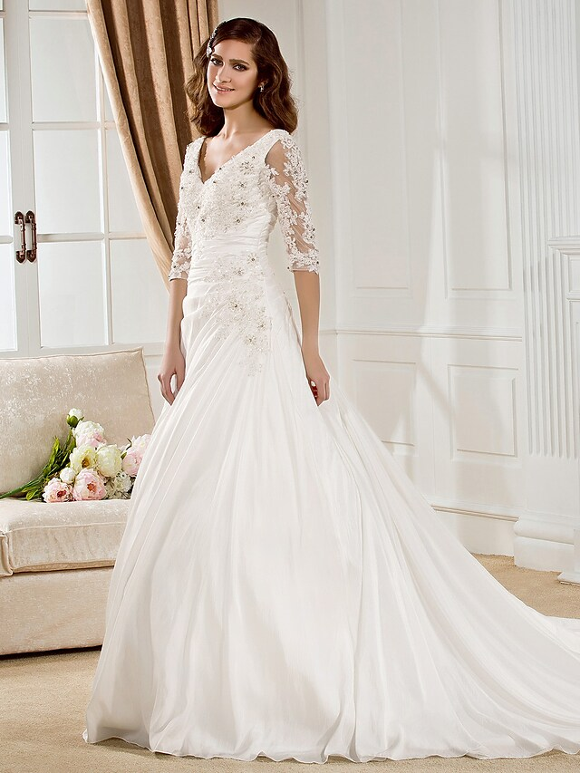 Luolandi Ball Gown Wedding Dresses V Neck Chapel Train Taffeta Half Sleeve See-Through with Ruched Beading