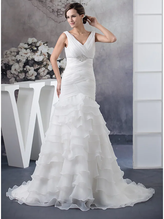 Luolandi Wedding Dresses V Neck Chapel Train Organza Regular Straps with Ruched Beading Cascading