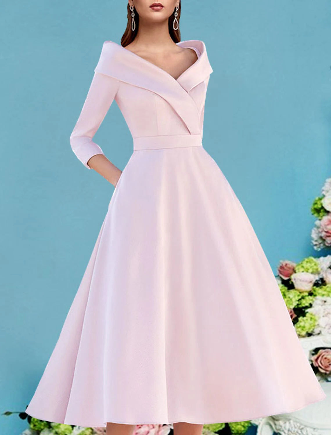 Side view of a woman showcasing the elegant A-line satin dress.