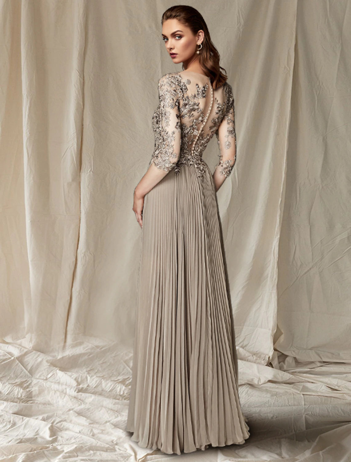 Back view of the A-line chiffon lace dress with pleats.