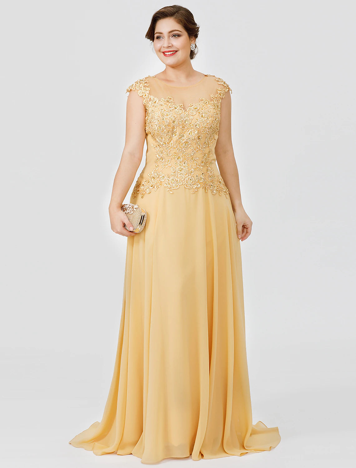 Back view of A-Line chiffon dress with sweep train and beaded lace details.