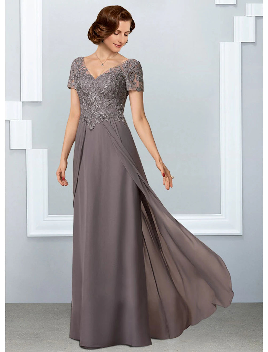 Side view of A-Line Mother of the Bride dress with chiffon lace and pleats.