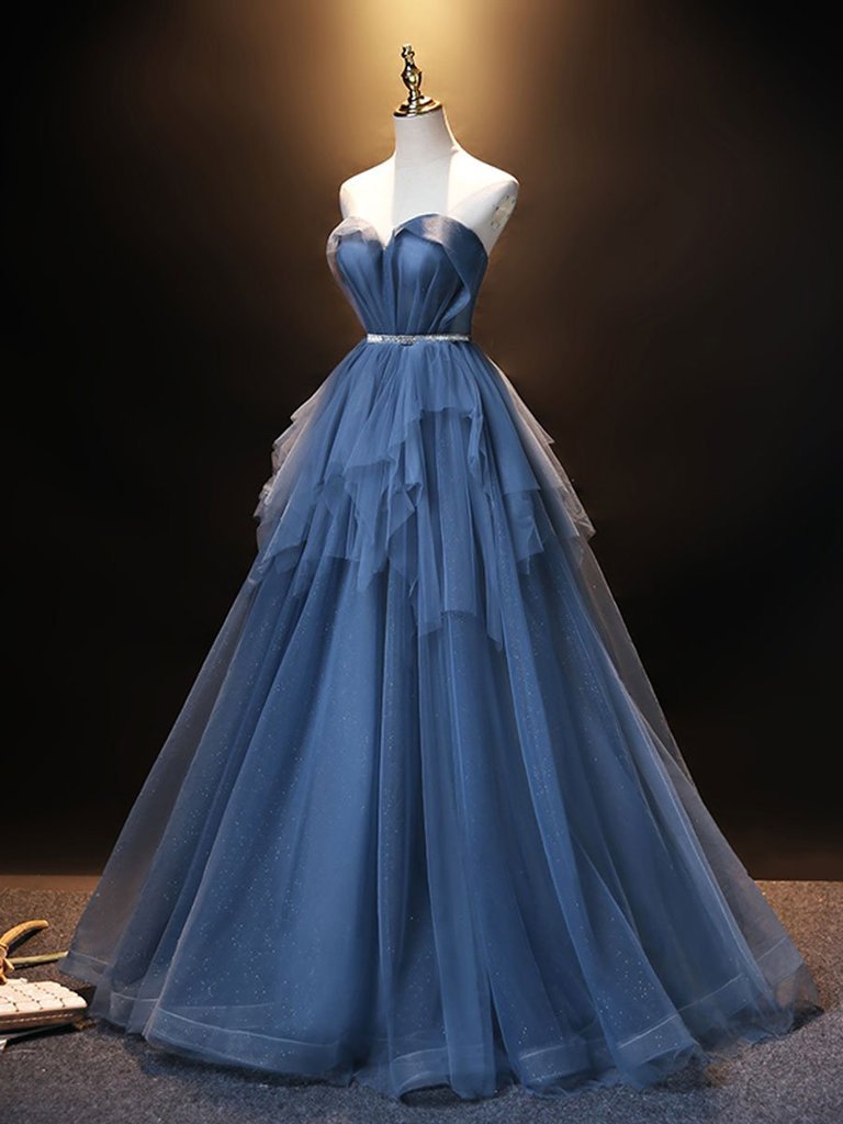 Luolandi Elegant A Line Strapless Sweetheart Tulle Prom Dress Empire Long Evening Dress Blue