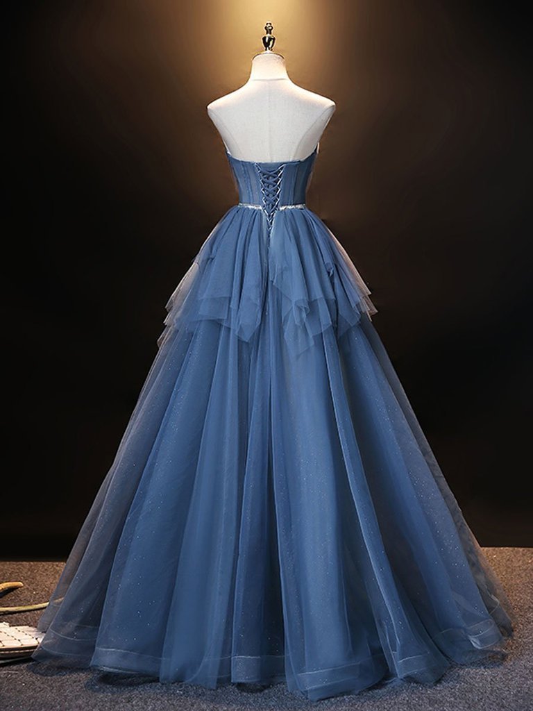 Luolandi Elegant A Line Strapless Sweetheart Tulle Prom Dress Empire Long Evening Dress Blue