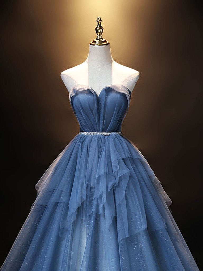 Luolandi Elegant A Line Strapless Sweetheart Tulle Prom Dress Empire Long Evening Dress Blue