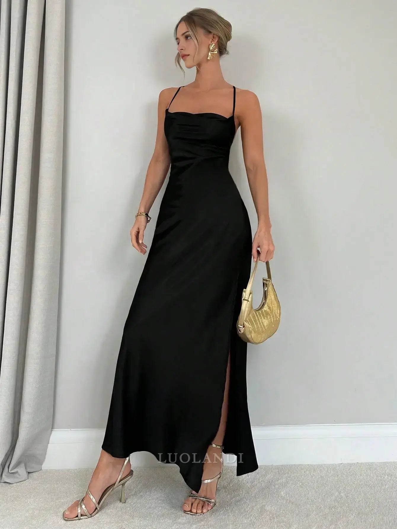 Luolandi Elegant Black Spaghetti Straps Sleeveless Long Prom Dress Simple Evening Party Dress With Slit