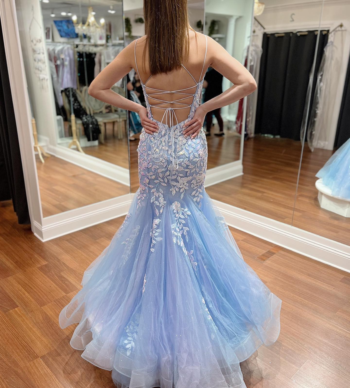 Luolandi Elegant Blue Spaghetti Straps Tulle Mermaid Prom Dress With Appliques Beautiful Evening Dresses