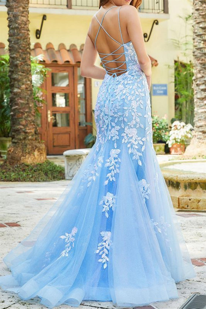 Luolandi Elegant Blue Spaghetti Straps Tulle Mermaid Prom Dress With Appliques Beautiful Evening Dresses