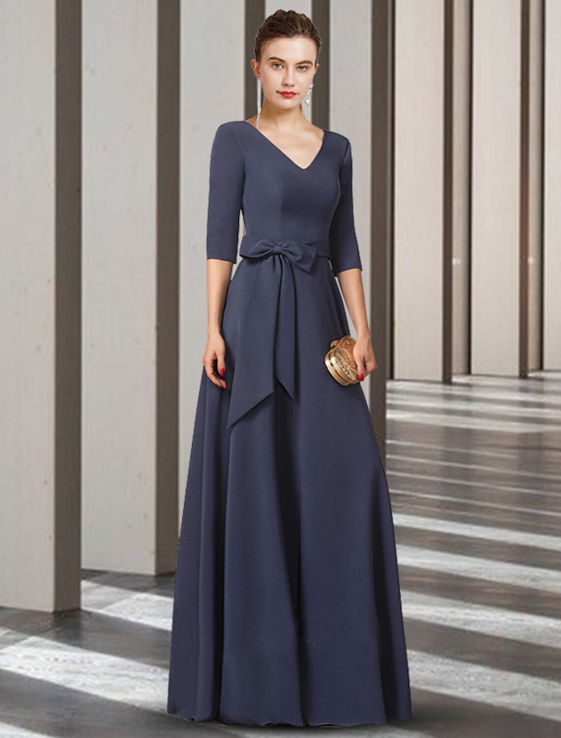Side profile of the elegant V-neck chiffon dress, suitable for formal events.