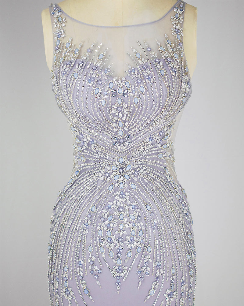 Luolandi Elegant Lavender Mermaid Scoop Floor-Length Tulle Zipper Back Prom Dresses With Beaded Evening Dresses