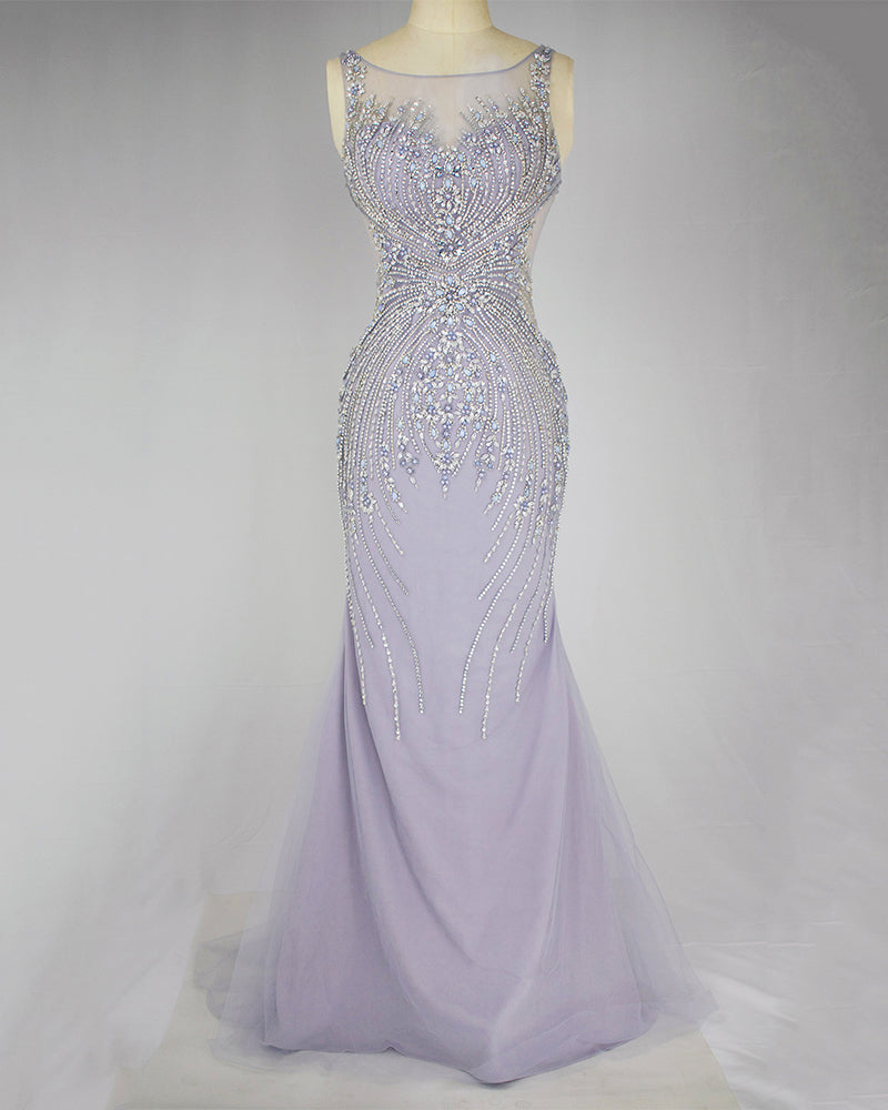 Luolandi Elegant Lavender Mermaid Scoop Floor-Length Tulle Zipper Back Prom Dresses With Beaded Evening Dresses