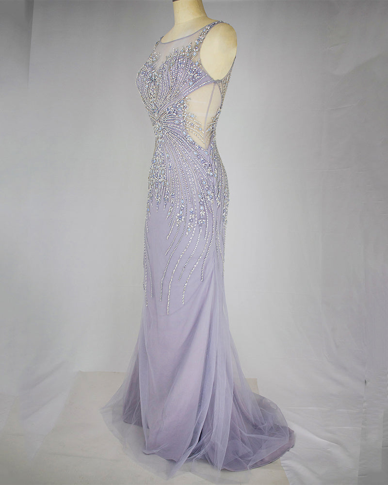 Luolandi Elegant Lavender Mermaid Scoop Floor-Length Tulle Zipper Back Prom Dresses With Beaded Evening Dresses